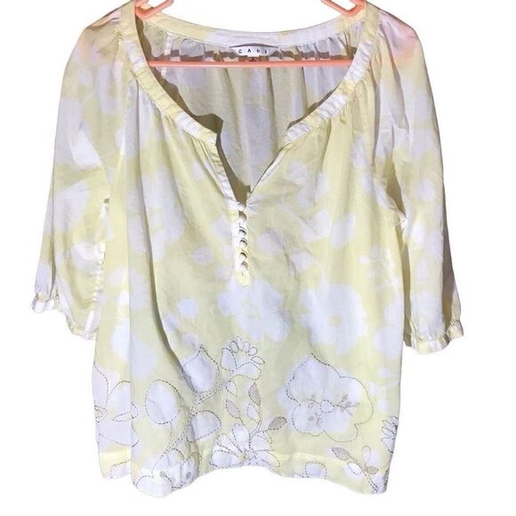 CAbi top blouse shirt 3/4 sleeve SZ L semi sheer embroidered floral yellow - Picture 1 of 5